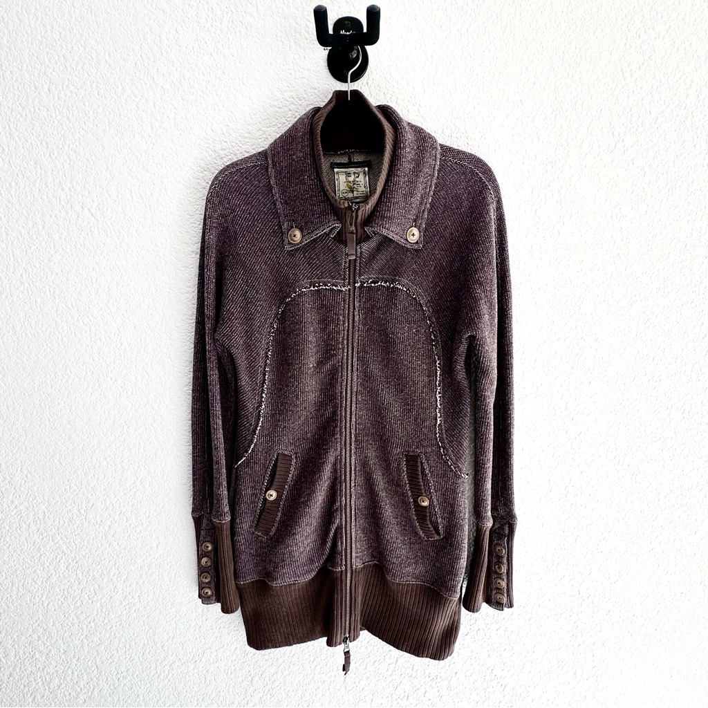 Free People Brown Zip Up Sweater With Folded Collar